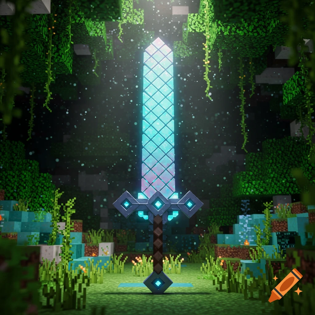 A glowing blue and purple sword stands upright in a lush, blocky forest environment, reminiscent of Minecraft.
