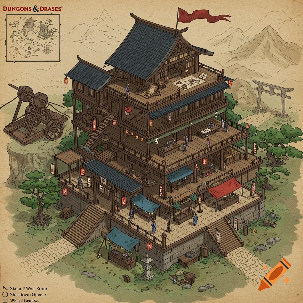 An isometric Dungeons & Dragons style map showing a multi-story Japanese-themed building with markets and rooms, a ballista, and a torii gate on a hilly landscape.