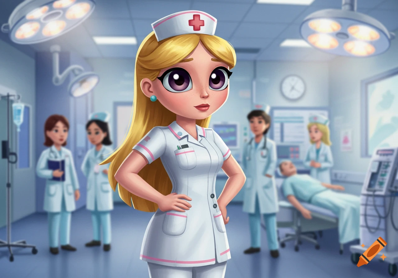 A cheerful cartoon nurse with blonde hair and big eyes stands confidently in a brightly lit hospital room, with other medical staff and a patient in the blurry background.
