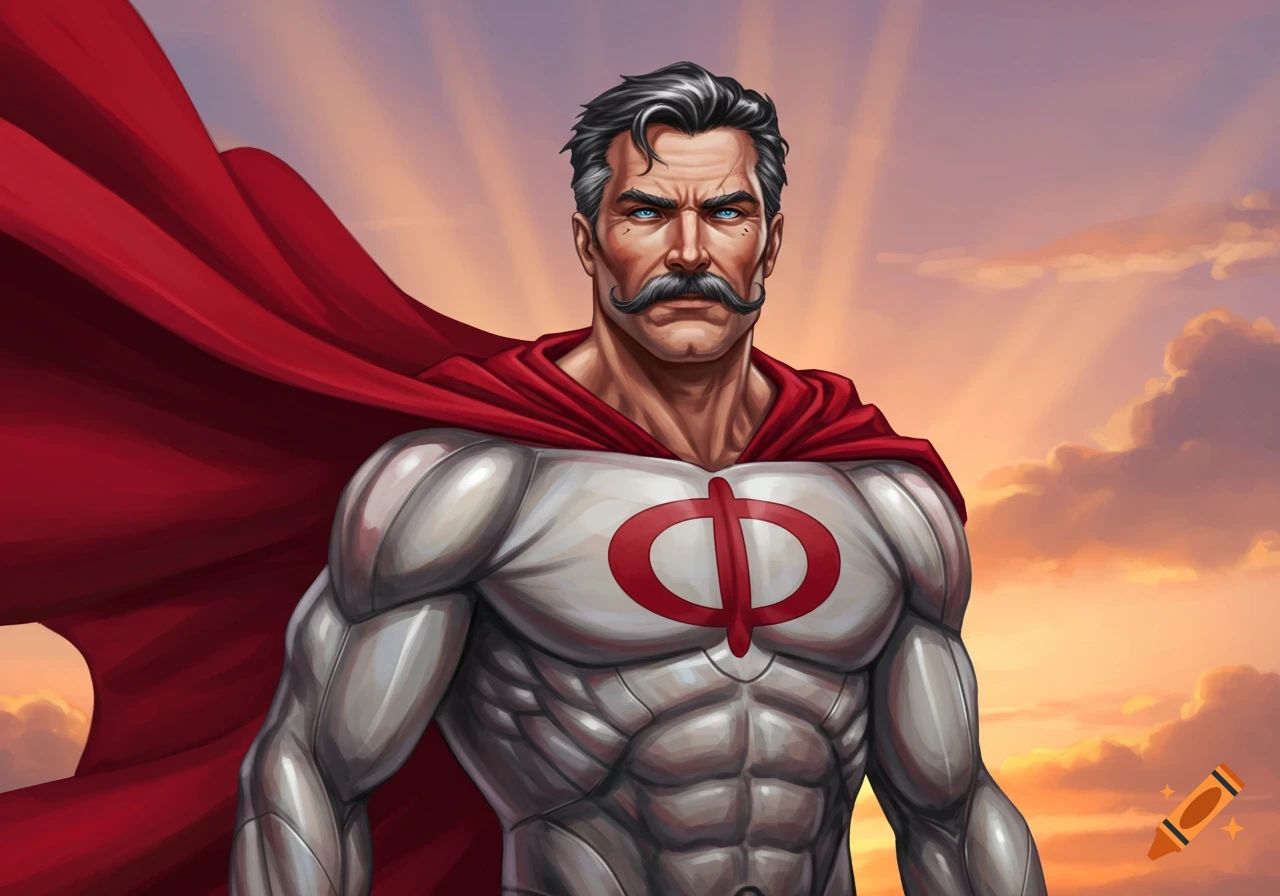 A muscular superhero with a mustache and a red cape, wearing a white suit with a red symbol, stands against a sunset sky.