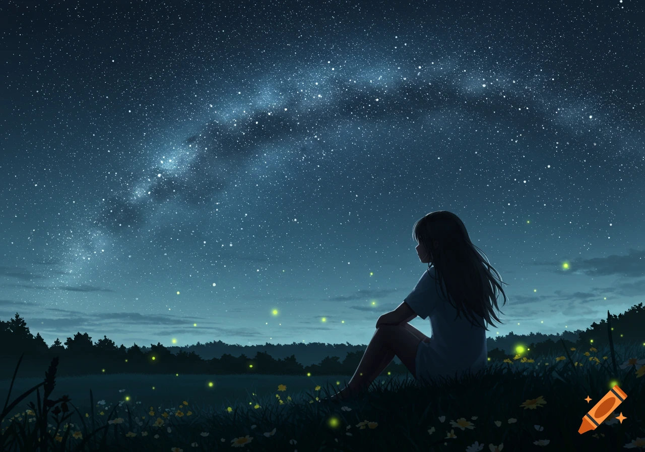 An anime illustration of a girl sitting on a grassy hill, looking up at a vast starry night sky with the Milky Way and glowing fireflies.