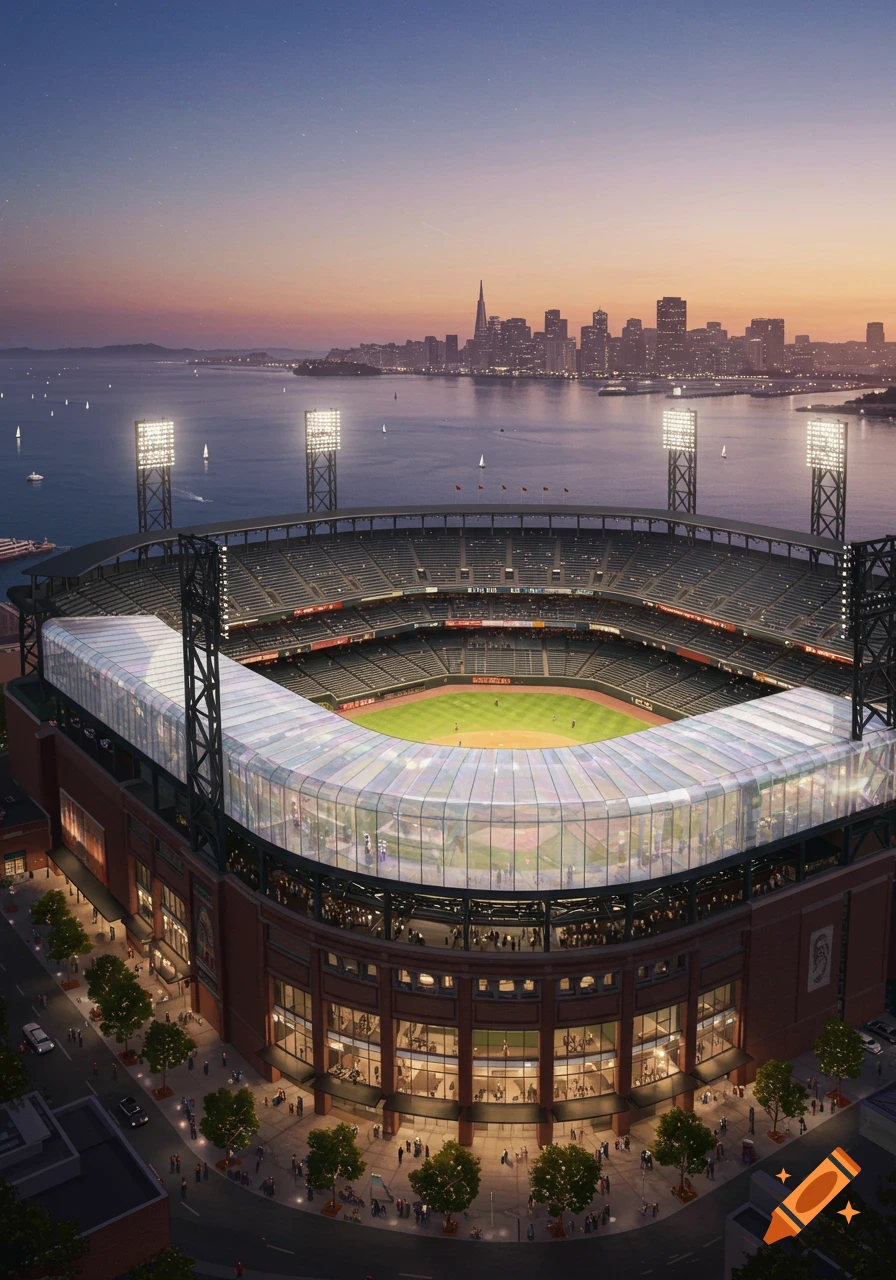A photorealistic image of Oracle Park baseball stadium with a new dome, at dusk, overlooking the San Francisco skyline and bay.