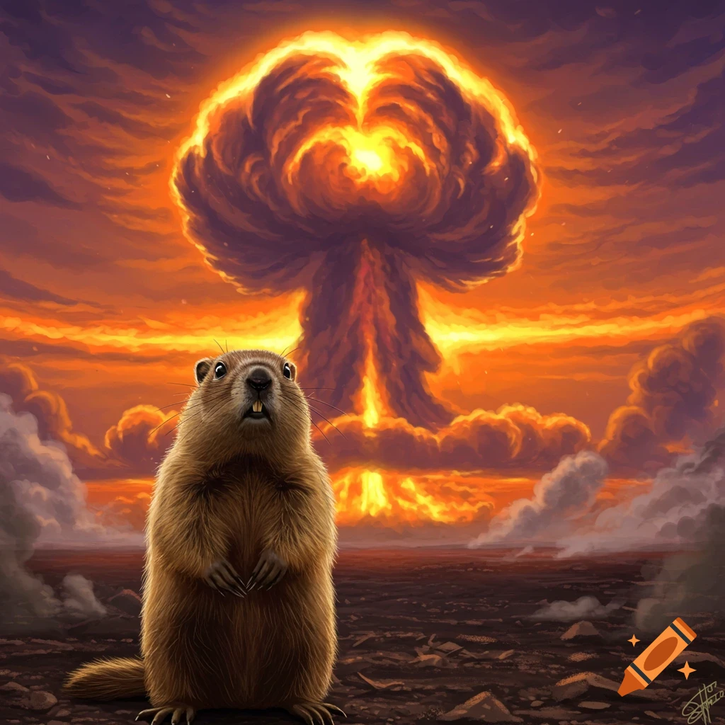A bewildered groundhog stands in front of a massive, fiery mushroom cloud explosion at sunset.