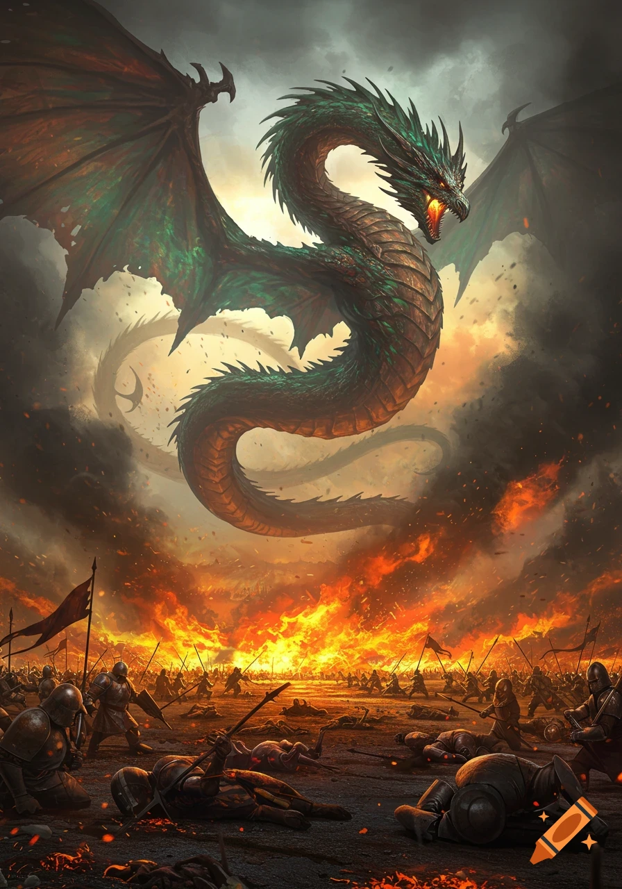 A massive green dragon with glowing eyes and large wings hovers over a fiery battlefield where soldiers are fighting and fallen, in a dramatic fantasy art style.
