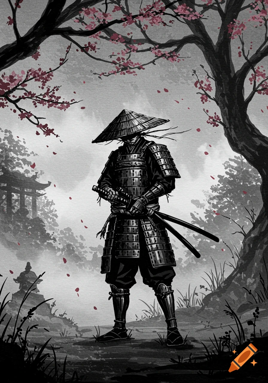 A hand-drawn black and white illustration of a samurai standing under a cherry blossom tree with swords, a torii gate in the misty background.