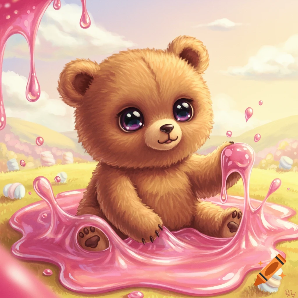 A fluffy brown baby bear with big purple eyes sits in a puddle of pink slime in a grassy landscape with marshmallows, in a cute digital art style.