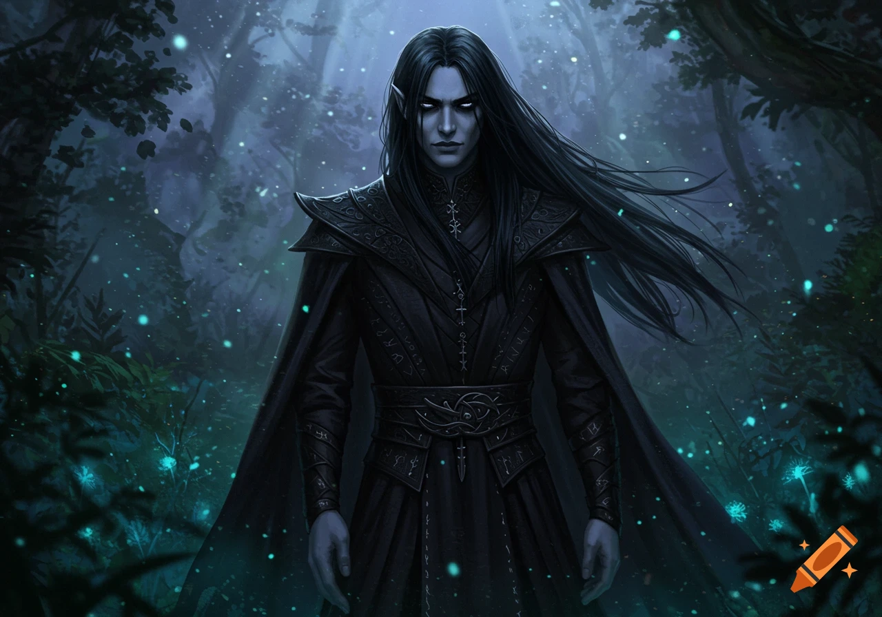 An imposing, pale-skinned figure with long dark hair and pointed ears, wearing dark fantasy armor and cape, stands in a mystical, glowing forest.