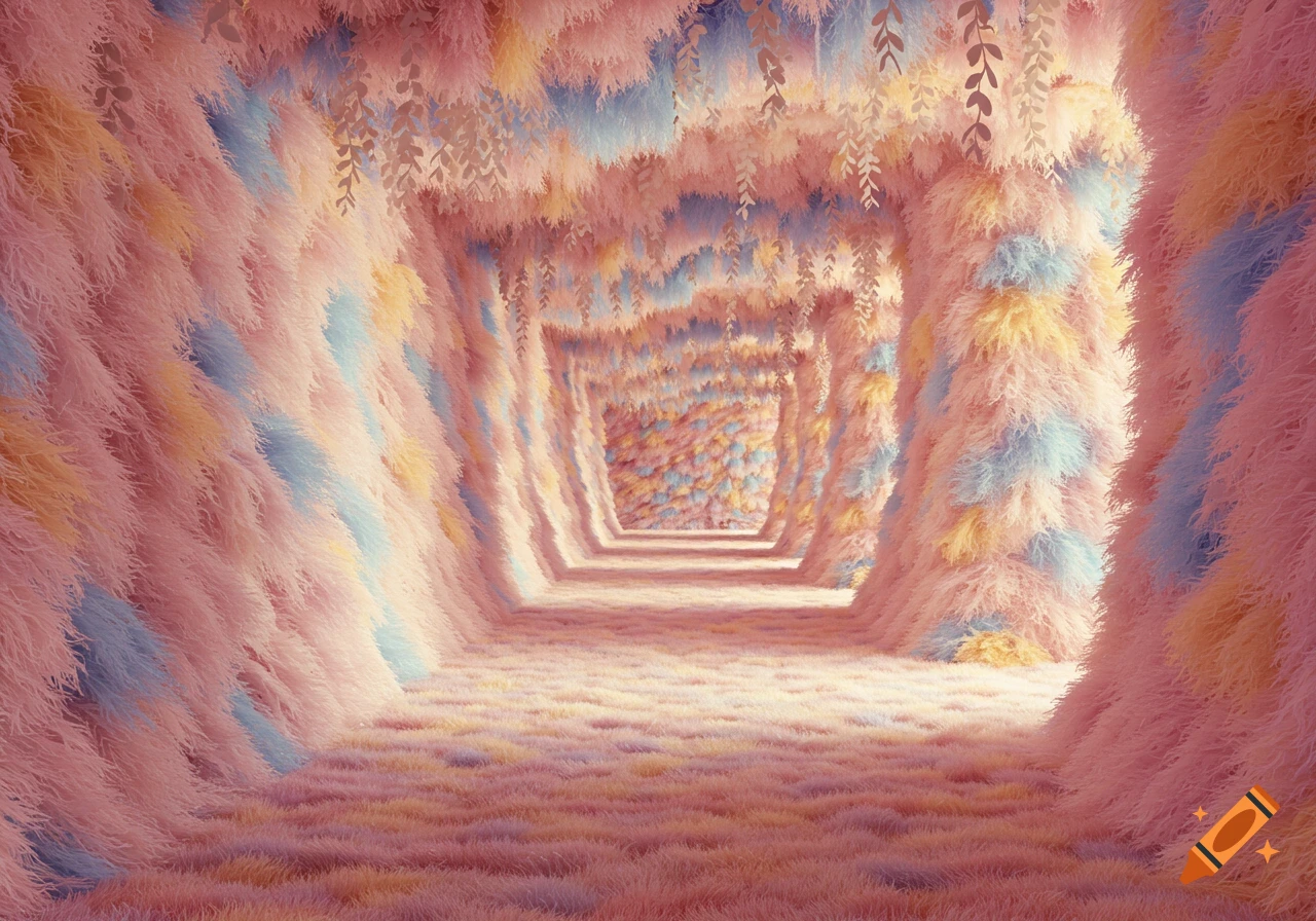 A long hallway covered in pink, blue, and yellow fluffy fur with furry vines hanging from the ceiling.