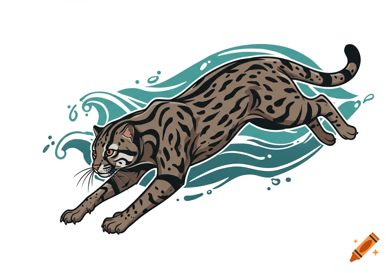 An illustration of a fishing cat leaping over stylized blue waves on a white background.