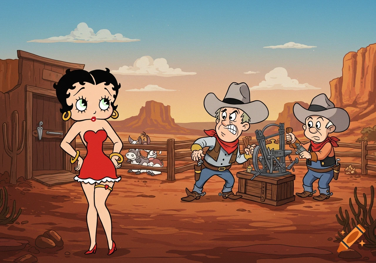 Betty Boop in a red dress watches two cowboys struggle with machinery in a cartoon Western desert scene.