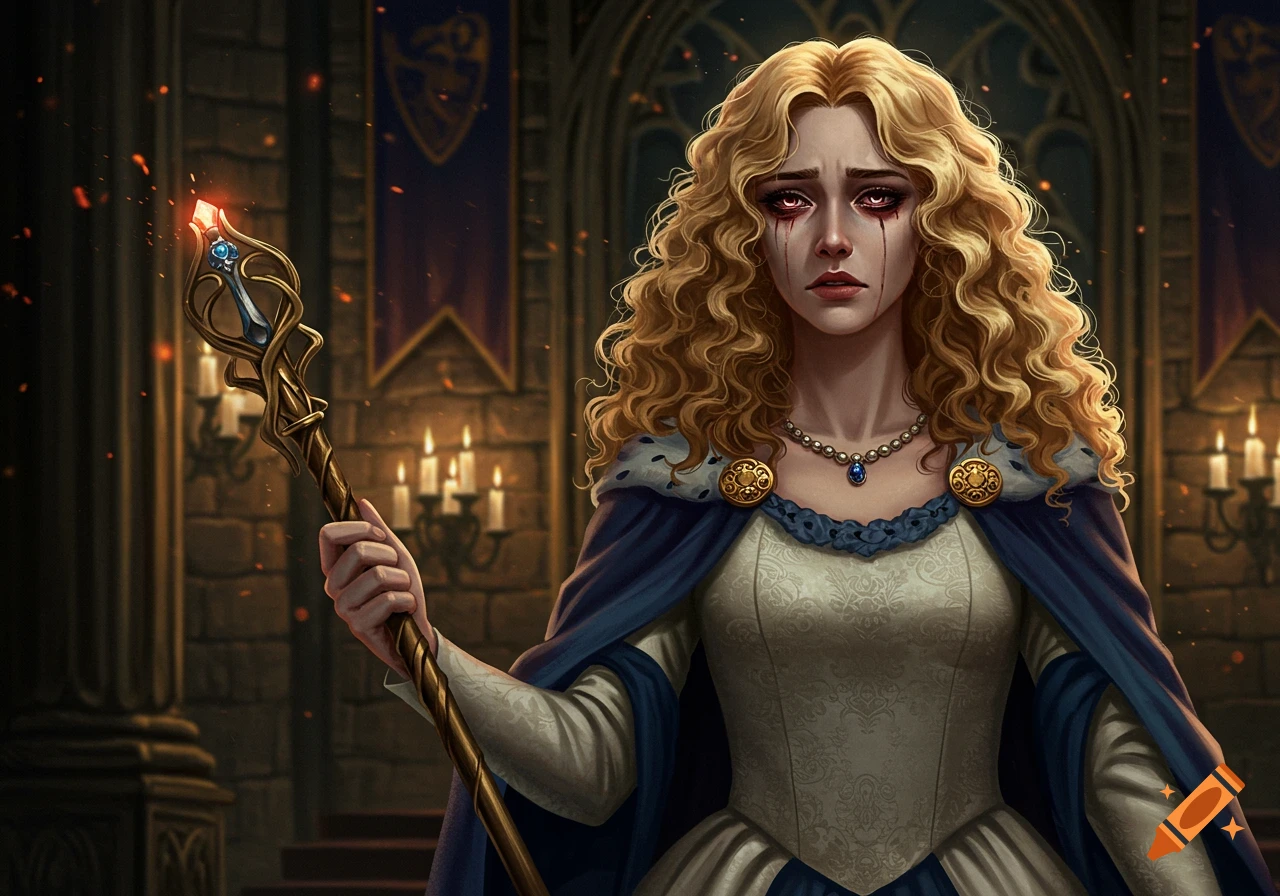 A digital painting of a sorrowful blonde princess with red tears, holding a magical staff in a dark castle hall.