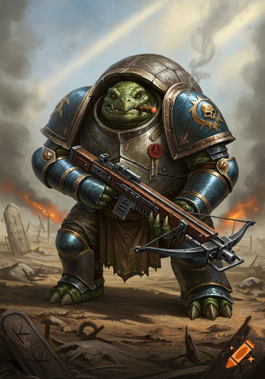 A heavily armored, green-skinned tortle with a cigar stands in a desolate landscape, holding a crossbow.
