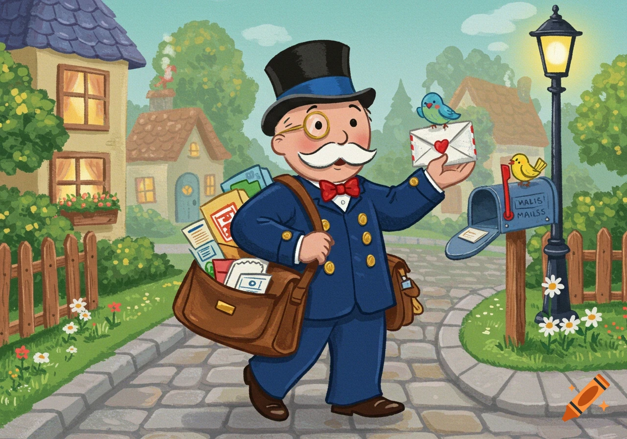 Cartoon illustration of the Monopoly Man as a mailman holding a letter with a heart, standing next to a mailbox in a quaint neighborhood.