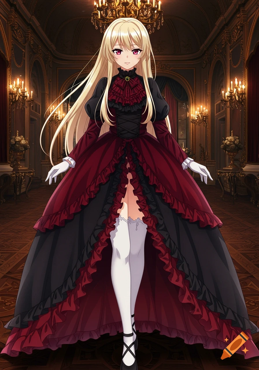 An anime girl with long blonde hair and crimson eyes stands in a luxurious hall, wearing a black and crimson Victorian-style gown with white gloves.