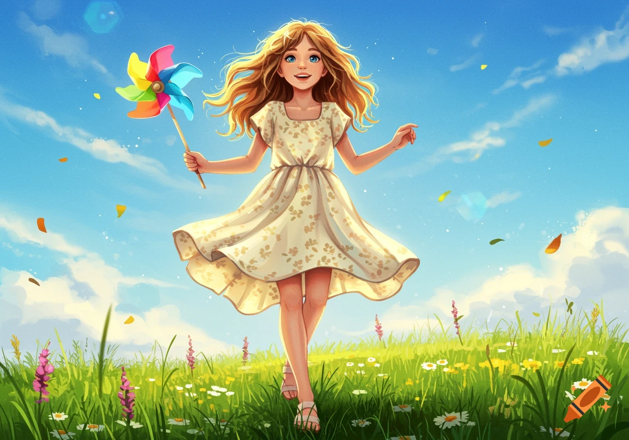 A cheerful illustrated girl with blonde hair runs through a sunny wildflower field, holding a colorful pinwheel under a blue sky.