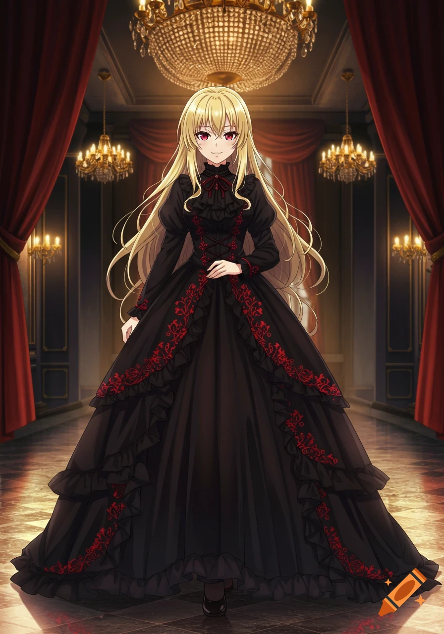 A full-body anime girl with long blonde hair and crimson eyes stands in a grand hall, wearing a black and red Victorian floor-length noblewoman's dress.