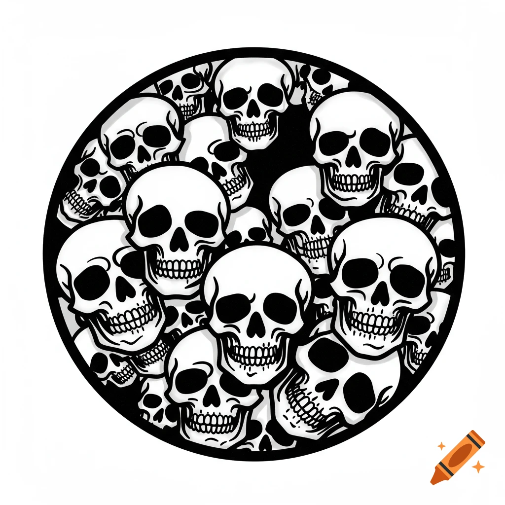 A high-contrast, minimalist design of multiple white skulls with black eye sockets and nose holes tightly packed within a black circle on a plain white background.