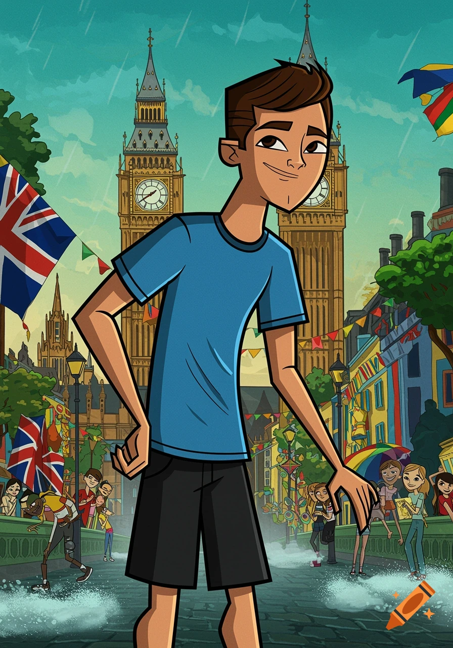 A cartoon boy in Total Drama style stands in the foreground of a rainy London street scene with Big Ben and British flags.