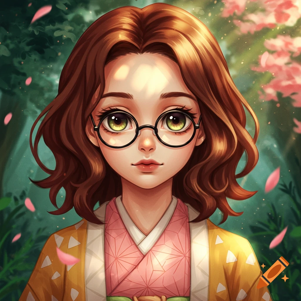 A stylized anime girl with brown hair, round glasses, and green eyes, wearing a yellow and pink kimono in a forest with pink petals.
