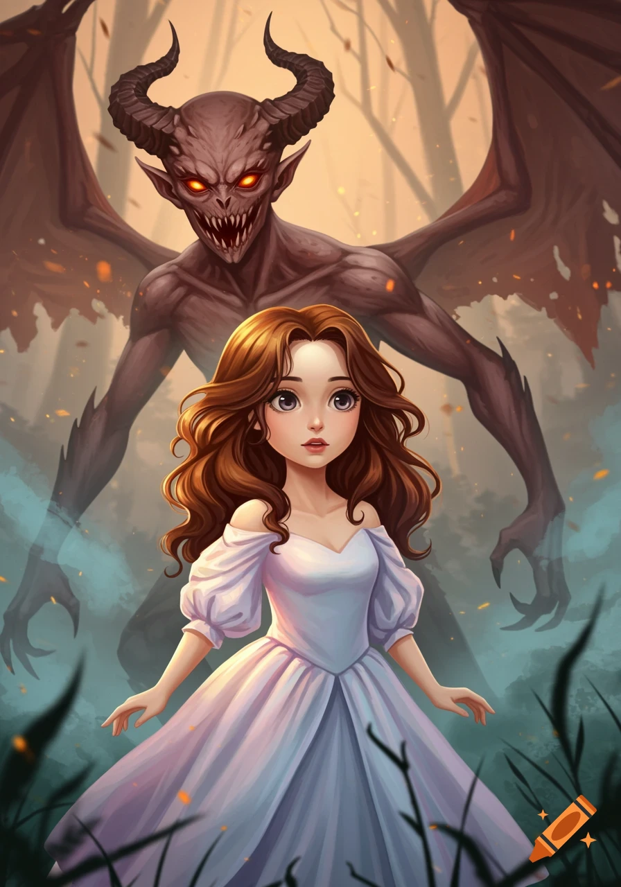 An illustration of a young woman in a white dress standing in a forest, with a large horned demon looming behind her.