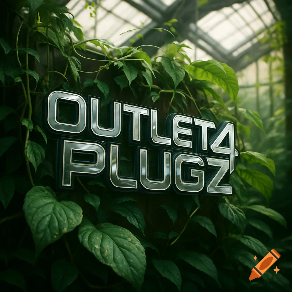 A shiny metallic 3D logo reading "OUTLET4PLUGZ" embedded in green ivy and leaves in a greenhouse.