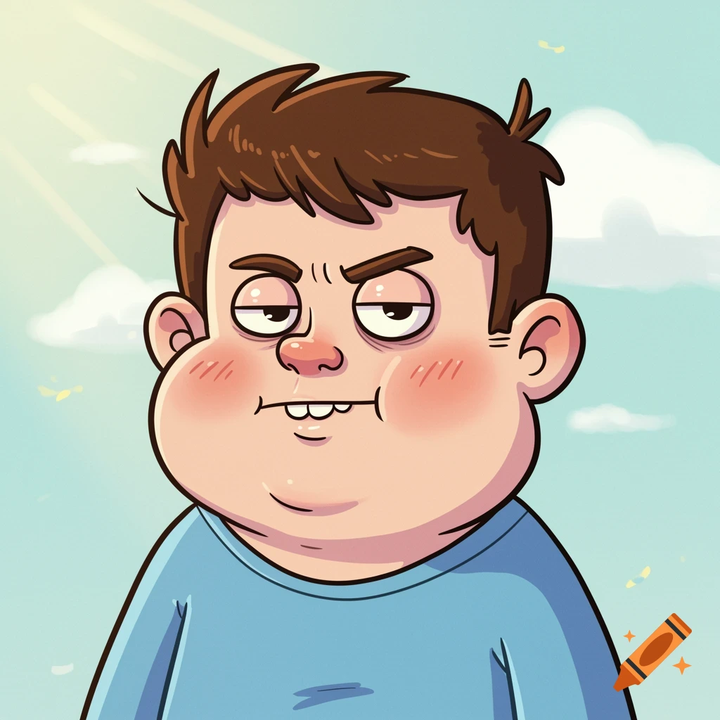 Cartoon boy with brown hair, angry eyebrows, cheeky grin, chubby cheeks, and double chin, wearing a blue shirt against a blue sky.