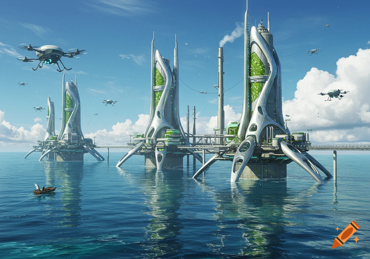 Futuristic ocean factories with tall, green towers, drones, and a boat on blue water in a photorealistic style.