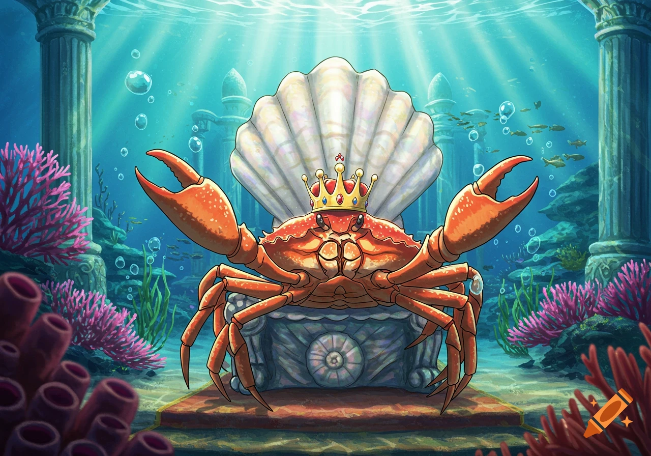 An orange crab wearing a gold crown sits on a seashell throne in an underwater ruin, anime style.