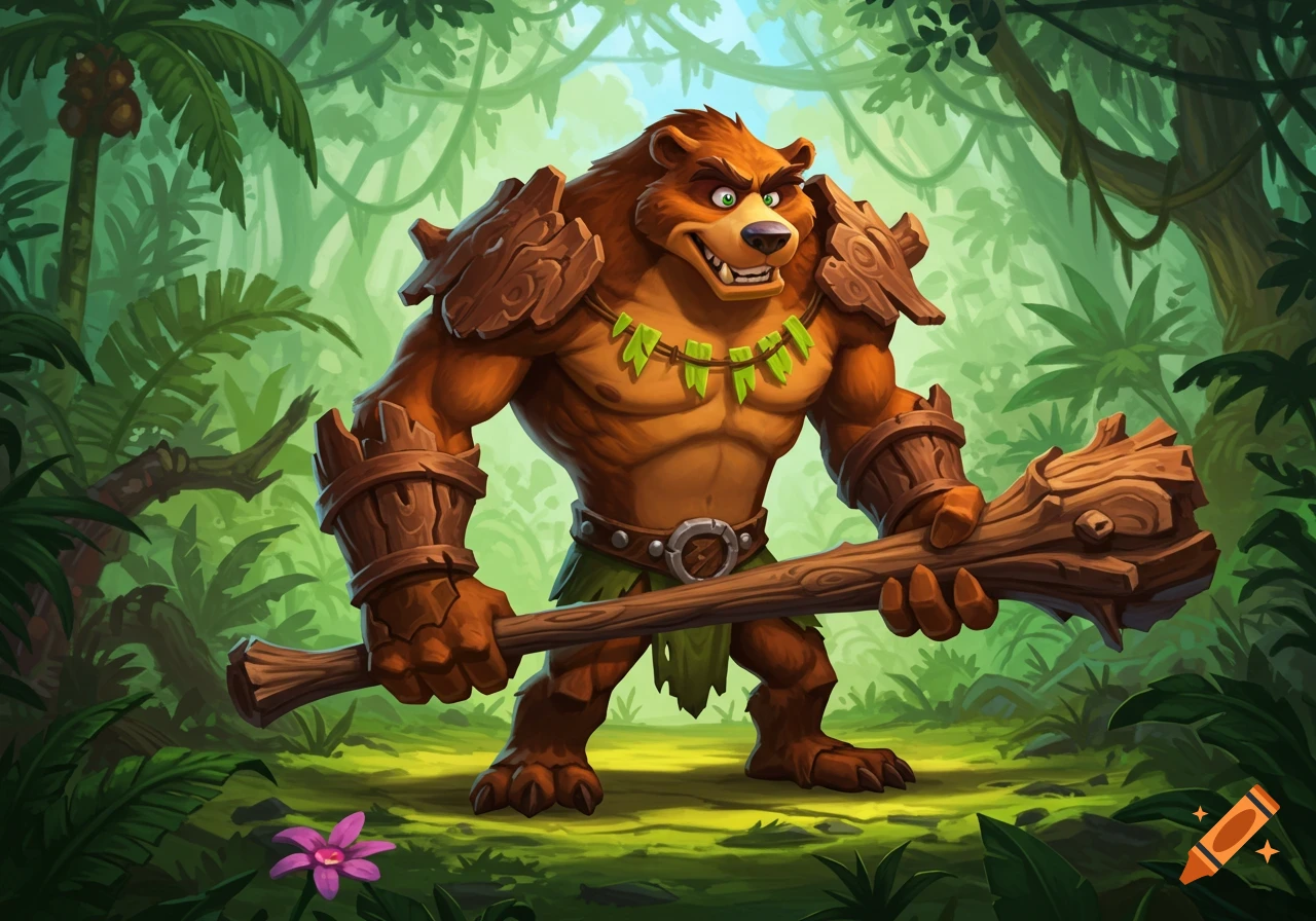 A muscular, anthropomorphic grizzly bear character wearing wooden armor and a leaf necklace, holding a club in a vibrant jungle.