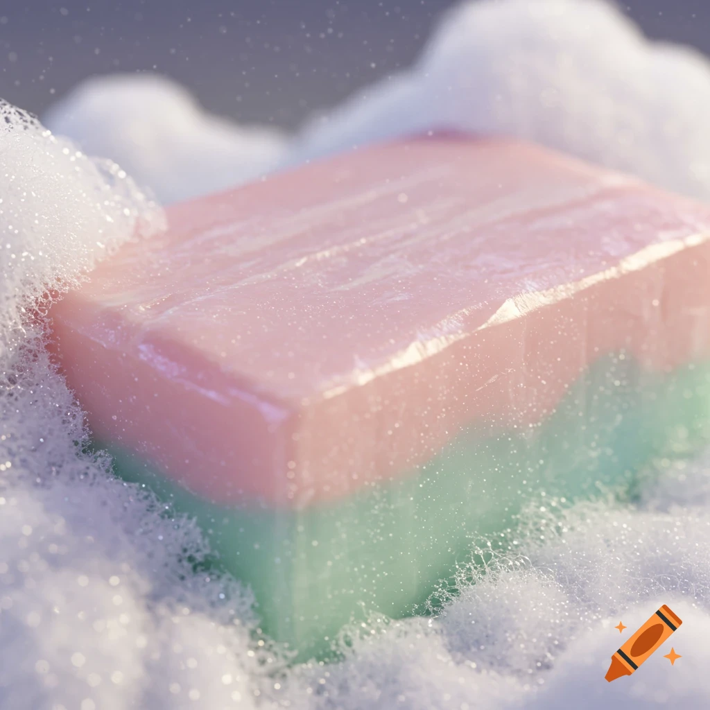 A close-up of a two-toned, pink and green soap bar submerged in white bath foam and bubbles.