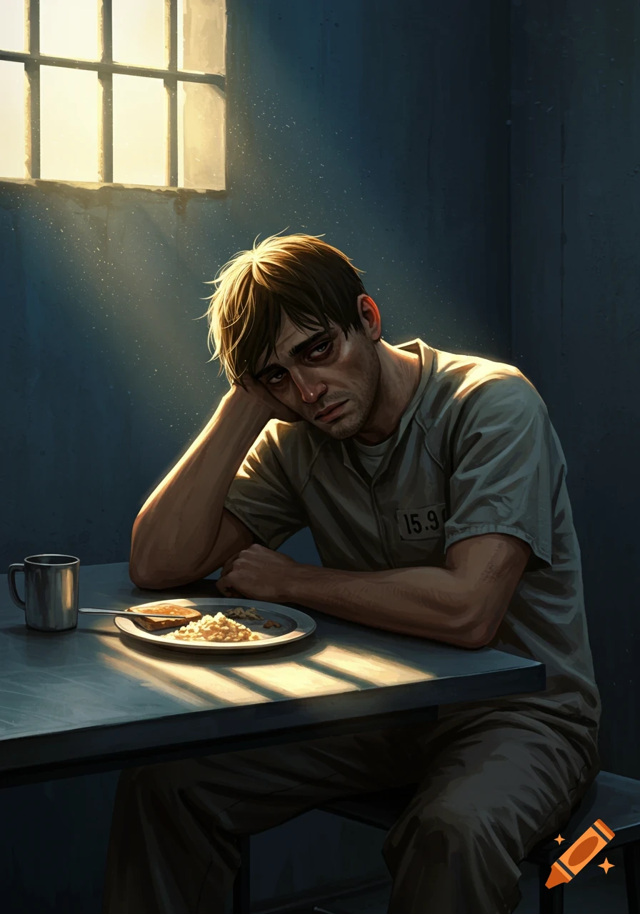 A sad man in a prison uniform sits at a table with a meal, lit by sunlight through a barred window.