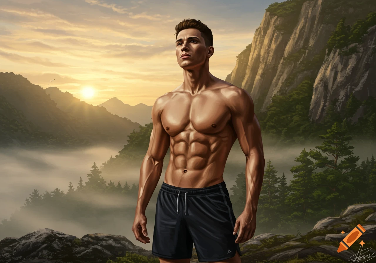 Muscular man standing in a mountainous landscape at sunrise with mist, digital art.