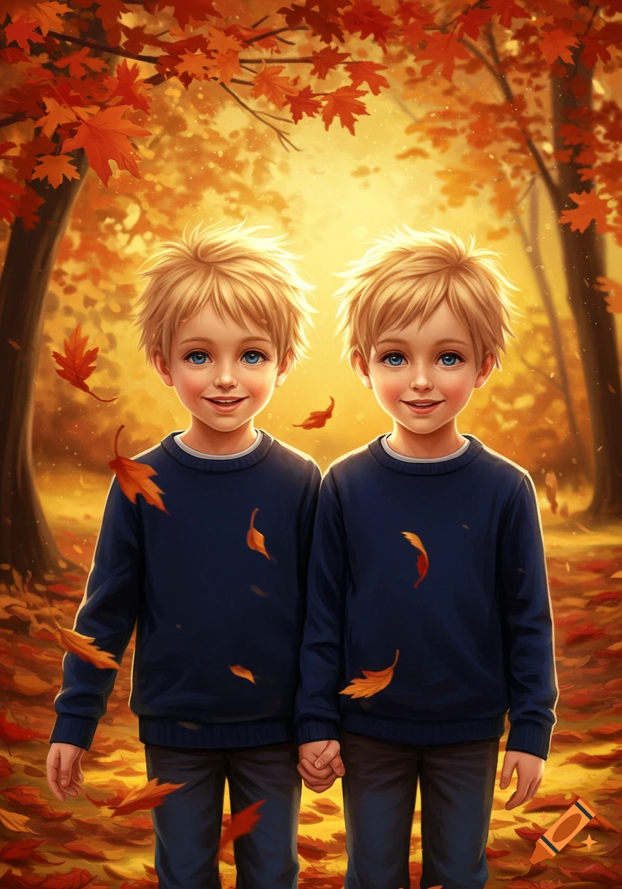 Two blonde boys holding hands in a magical autumn forest with bright orange leaves falling. Stylized illustration.