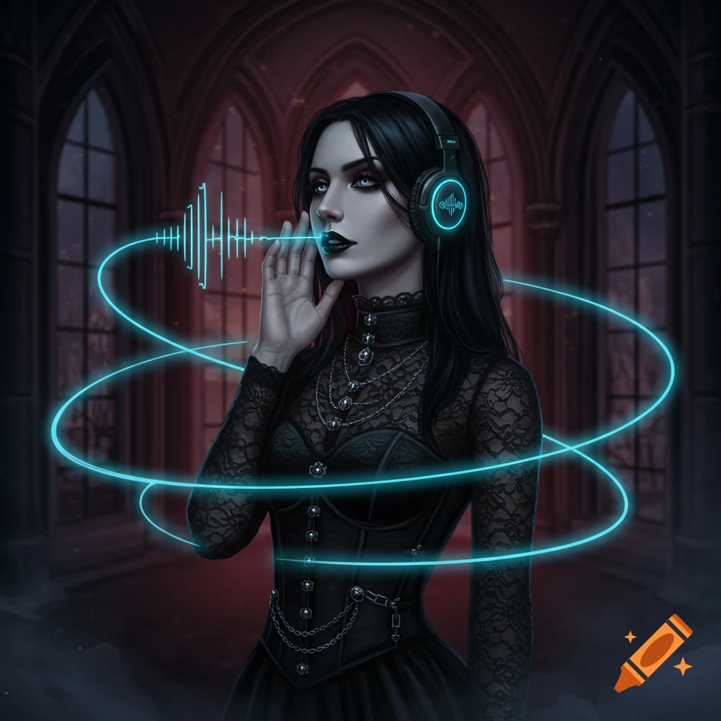 A dark-haired woman in gothic fashion with glowing blue headphones and sound wave glyphs around her face, set in a dark cathedral.