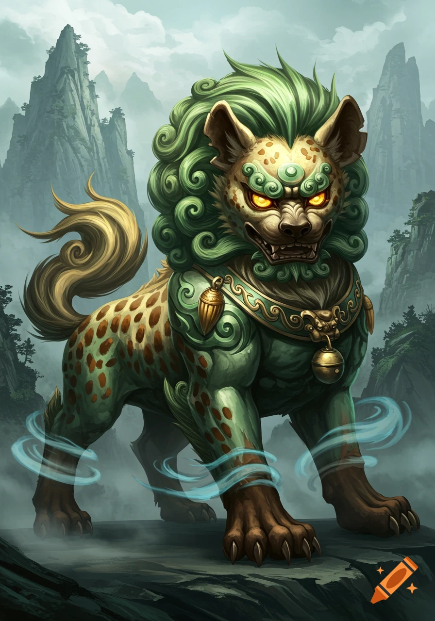 A majestic Foo dog and hyena hybrid creature with green fur and glowing eyes stands on a rock in a misty mountain landscape.