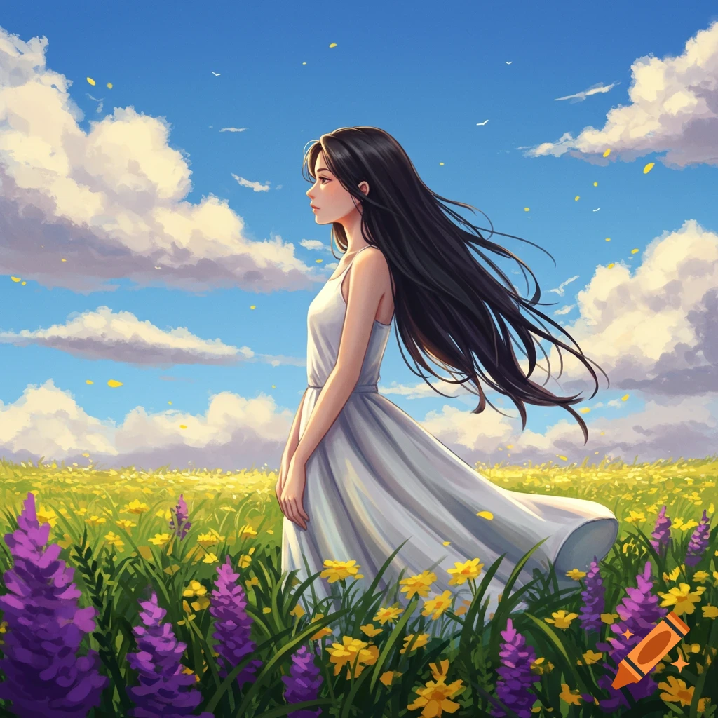 An anime girl with long black hair in a white dress stands in a field of yellow and purple flowers under a blue sky.
