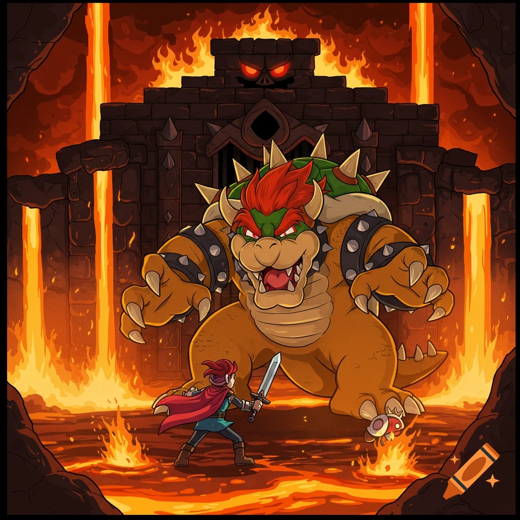 A brave warrior with a sword confronts a monstrous Bowser in a fiery, lava-filled fortress.
