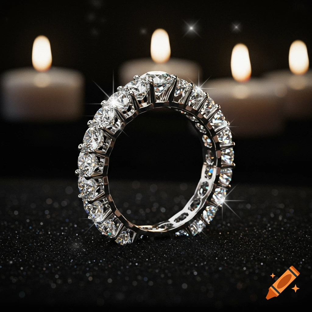 Close-up of a sparkling diamond eternity band engagement ring on a dark surface, with soft candlelight in the background.
