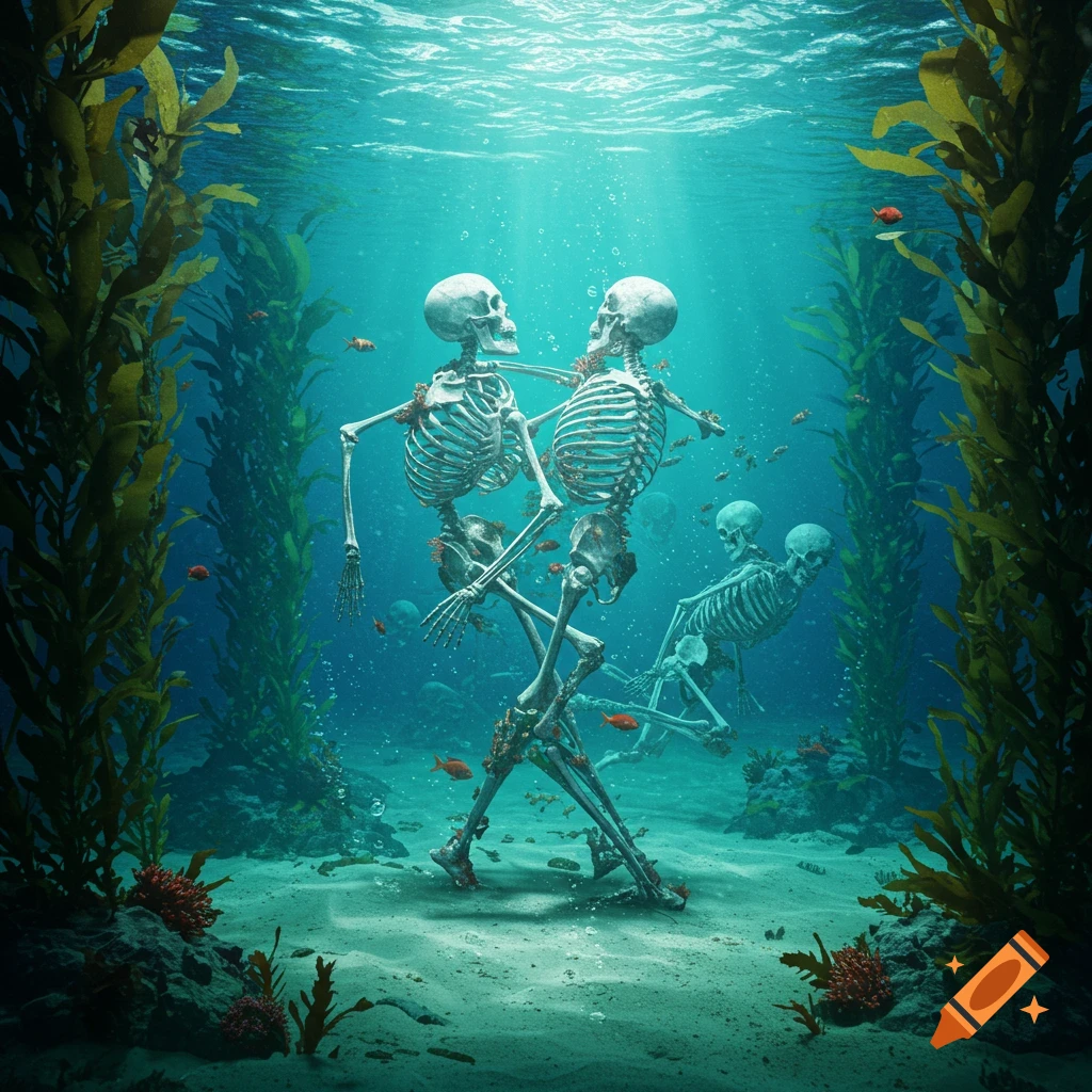 Two skeletons dance underwater amidst kelp and fish, with more skeletons in the background. Photorealistic style.
