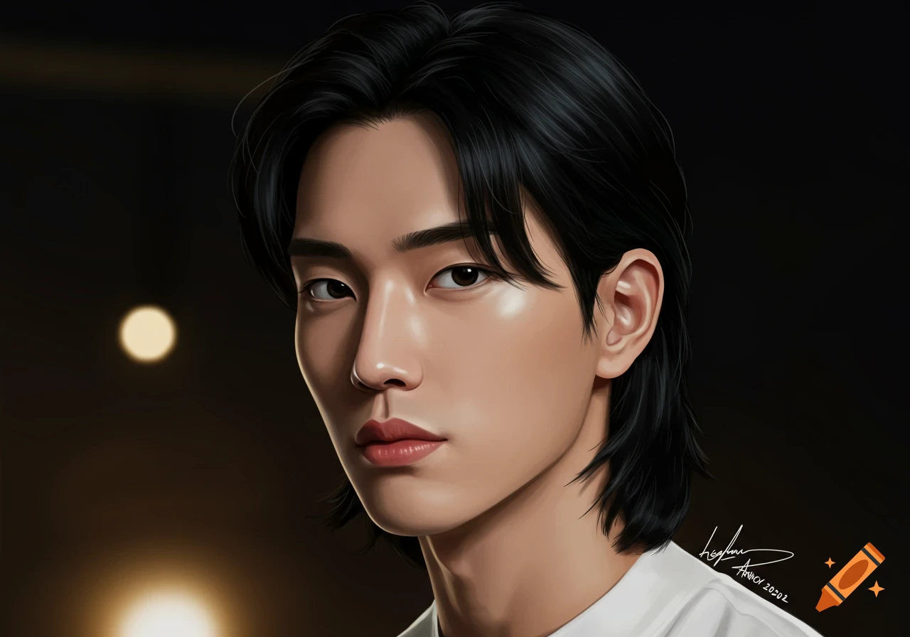 Digital painting of a handsome Asian man with black hair, a middle part, and an oval face, looking forward.