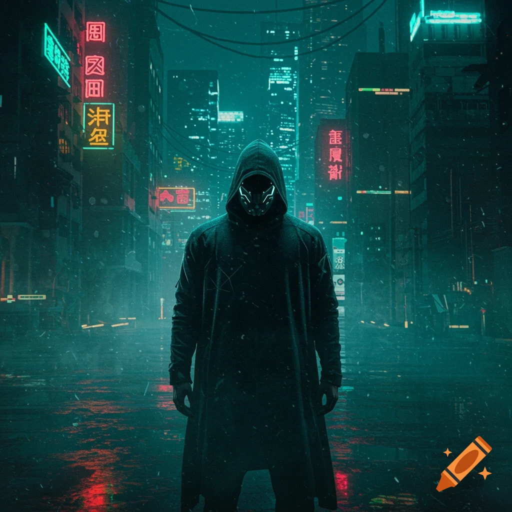 A cloaked figure with a glowing mask stands in a rainy, neon-lit cyberpunk city at night.