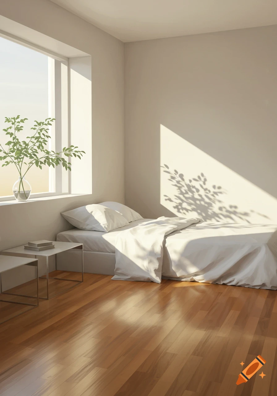 A sunlit modern minimalist bedroom with white bedding, a wooden floor, and a plant on the windowsill, casting shadows.