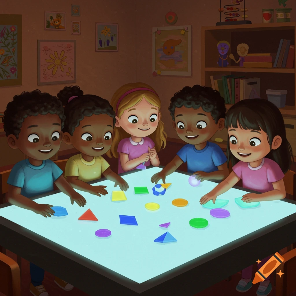 Five cartoon children playing with colorful geometric shapes on a glowing light table in a classroom.