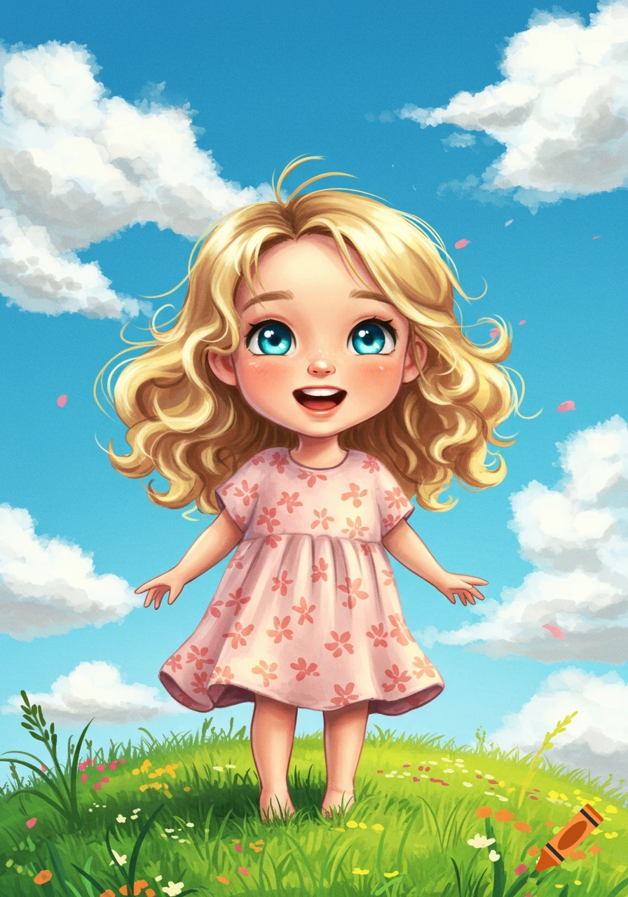A cute, smiling cartoon girl with blonde curly hair and blue eyes, wearing a pink floral dress, stands in a green field under a blue sky with clouds.