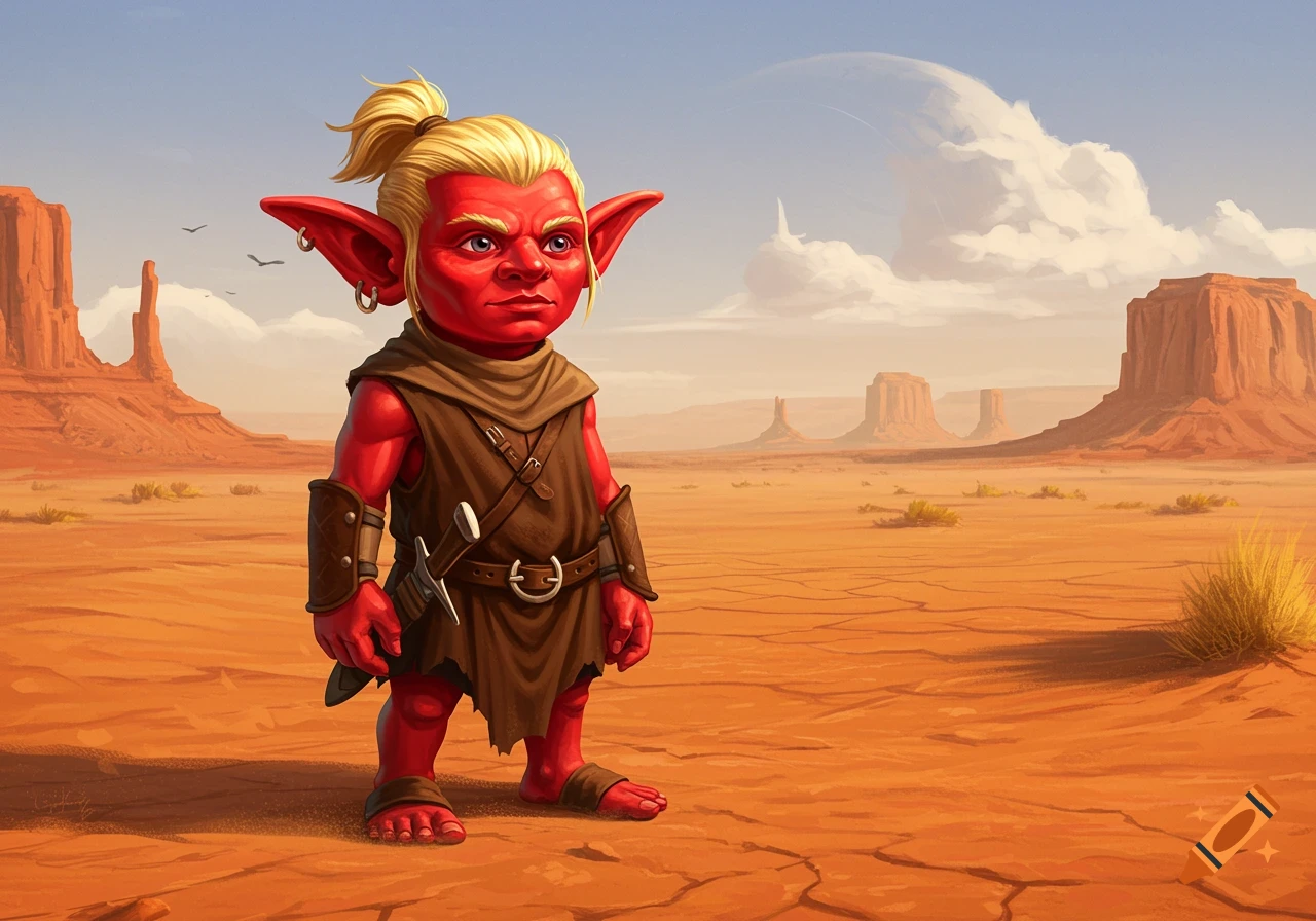 A bright red-skinned goblin-like fantasy figure with blonde hair in a ponytail stands in a vast desert landscape under a hazy sky.