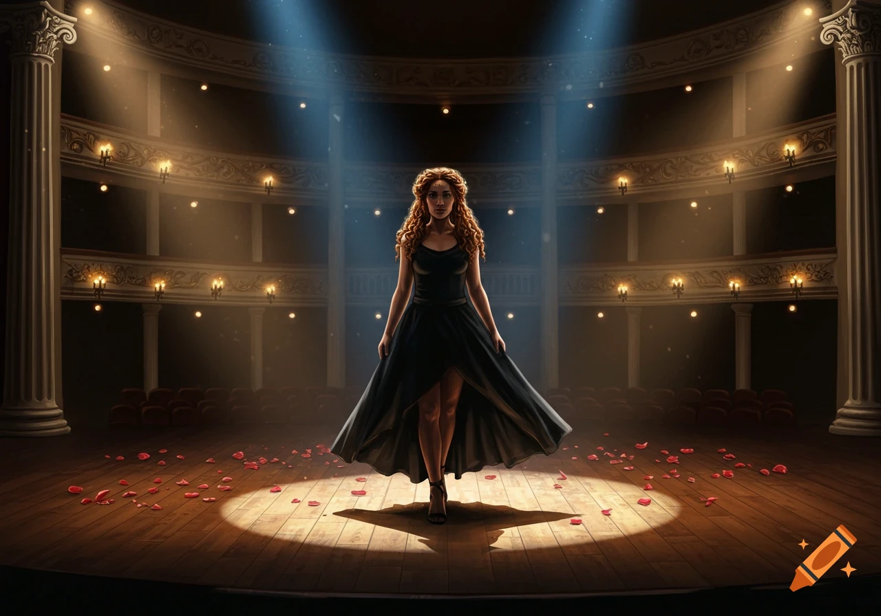 A woman with long wavy hair in a black dress stands center stage under spotlights in a grand theatre, surrounded by rose petals.