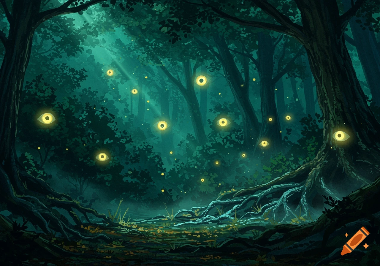 A dark, mystical forest at night with glowing yellow eyes appearing amongst the trees.
