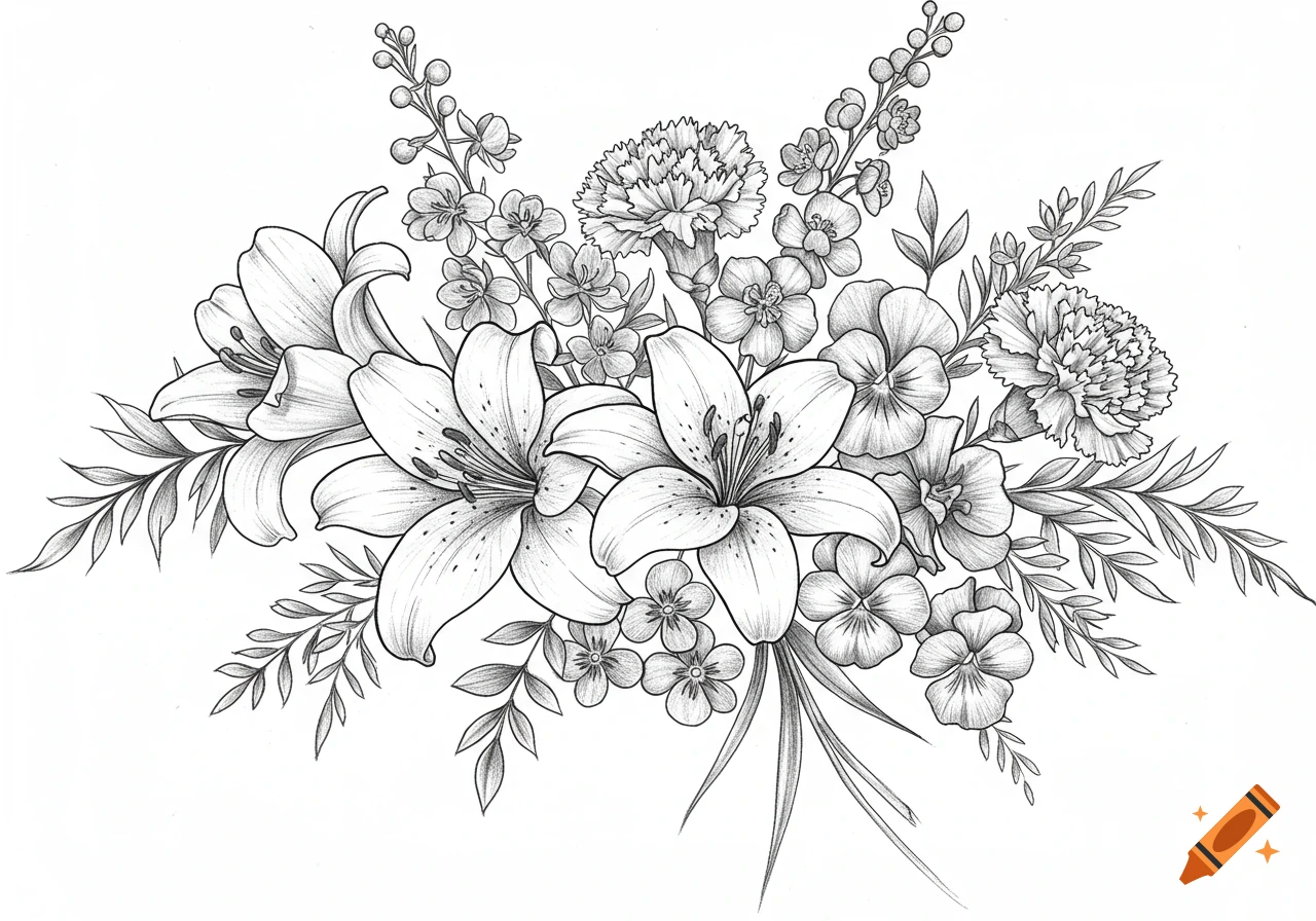 A detailed black and white line drawing of a bouquet featuring lilies, carnations, larkspur, and violets.