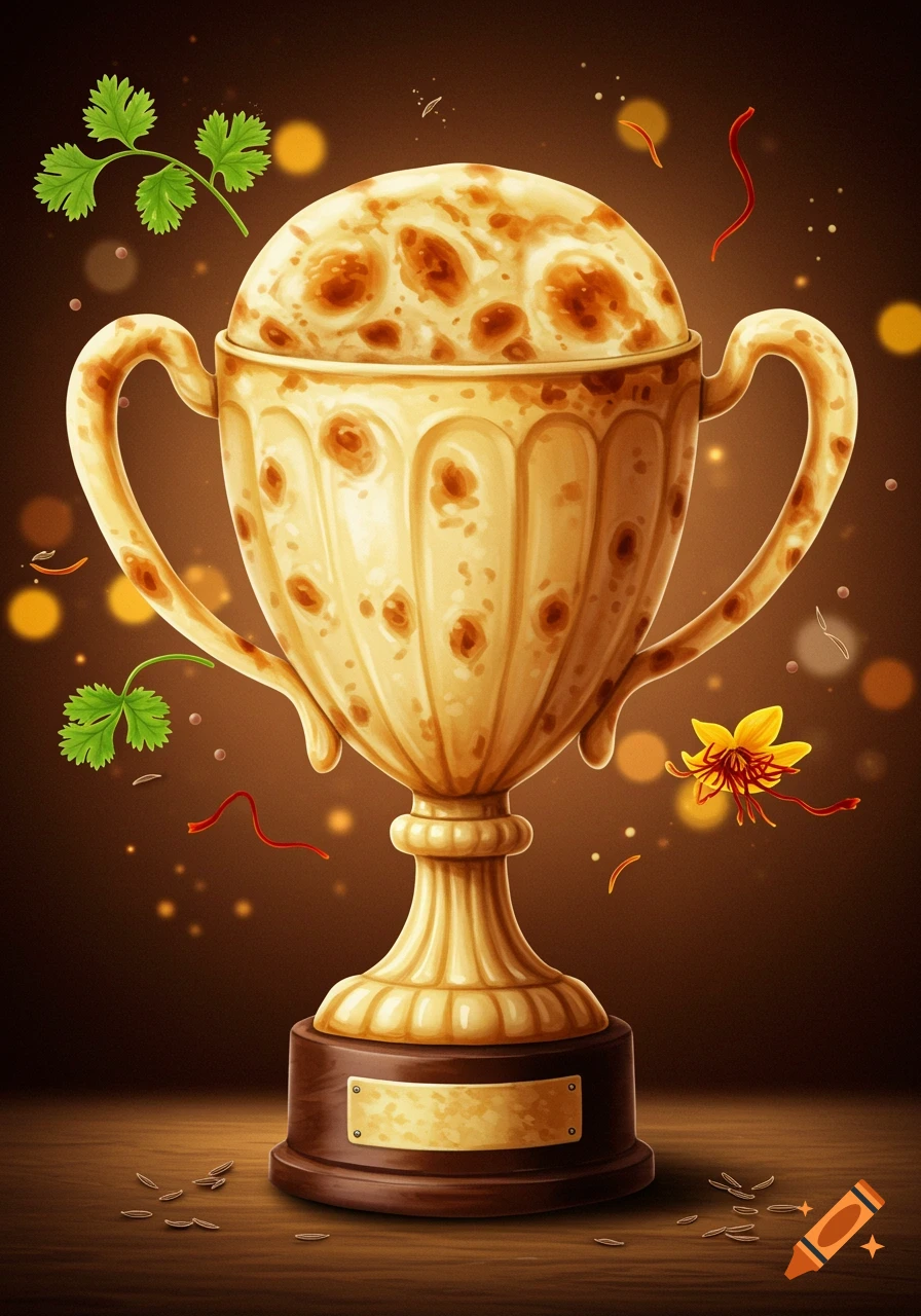 An illustrated golden championship trophy with a naan bread texture, surrounded by spices on a dark background.