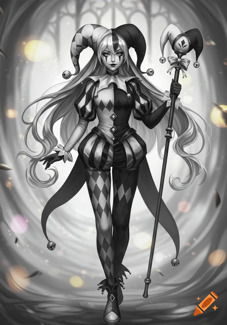 Full body anime art of a jester girl in a black and white harlequin outfit, long flowing hair, holding a staff, in a stylized setting.